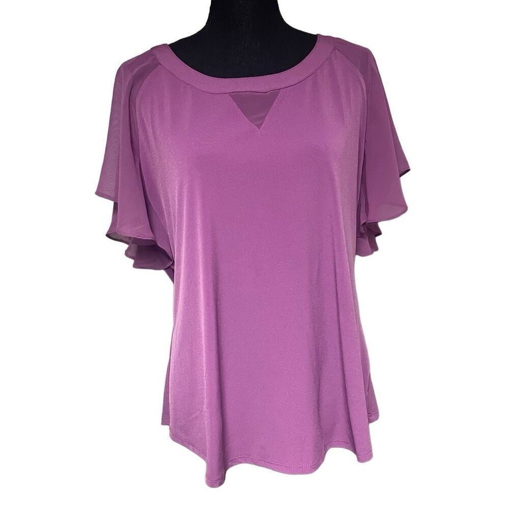 New York & Company Purple Lilac Mesh Flutter Sleeve Top N0472